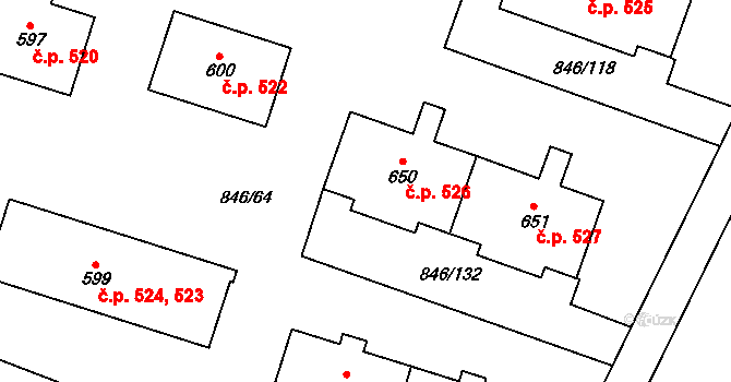 Lysice 526 na parcele st. 650 v KÚ Lysice, Katastrální mapa