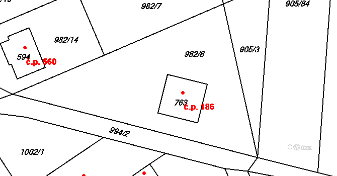 Mořkov 186 na parcele st. 763 v KÚ Mořkov, Katastrální mapa