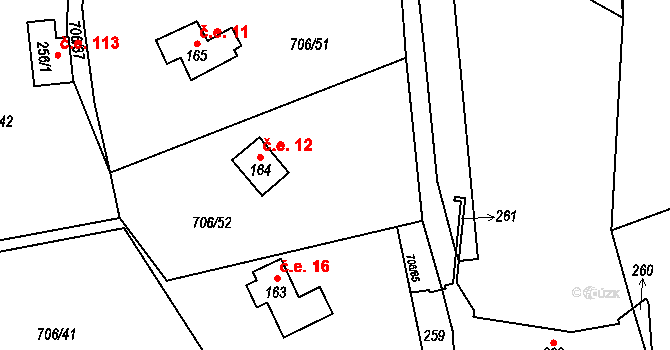 Srby 12 na parcele st. 164 v KÚ Srby nad Úslavou, Katastrální mapa