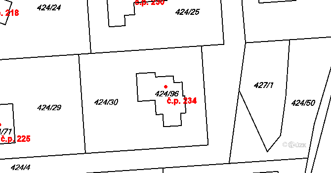 Hudcov 234, Teplice na parcele st. 424/96 v KÚ Hudcov, Katastrální mapa