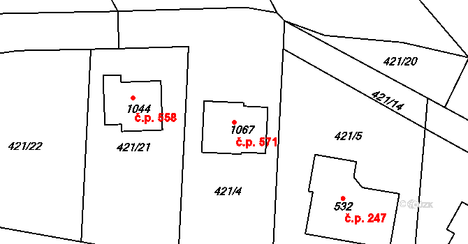 Černý Vůl 571, Statenice na parcele st. 1067 v KÚ Statenice, Katastrální mapa
