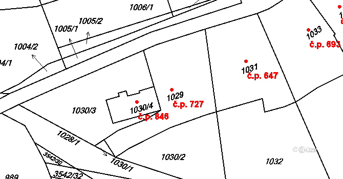 Klobouky u Brna 727 na parcele st. 1029 v KÚ Klobouky u Brna, Katastrální mapa