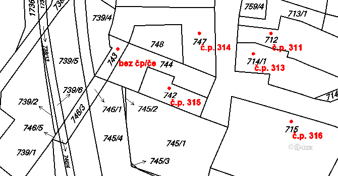 Lednice 315 na parcele st. 742 v KÚ Lednice na Moravě, Katastrální mapa