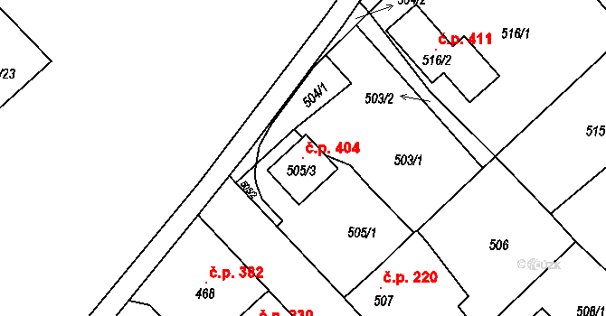 Loděnice 404 na parcele st. 505/3 v KÚ Loděnice u Berouna, Katastrální mapa