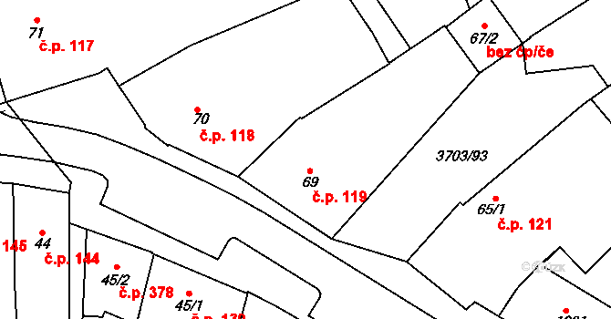 Dobřany 119 na parcele st. 69 v KÚ Dobřany, Katastrální mapa