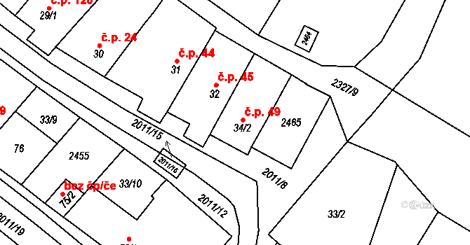 Šumice 49 na parcele st. 34/2 v KÚ Šumice, Katastrální mapa