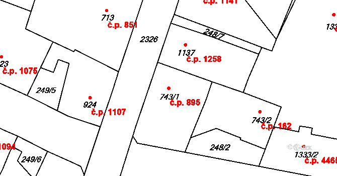 Jablonec nad Nisou 895 na parcele st. 743/1 v KÚ Jablonec nad Nisou, Katastrální mapa