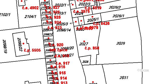 Jihlava 858 na parcele st. 2027 v KÚ Jihlava, Katastrální mapa
