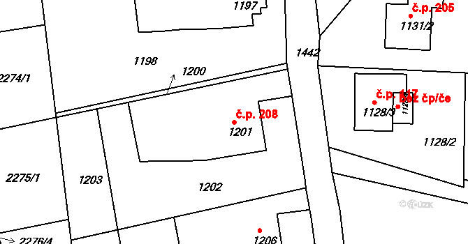Lyžbice 208, Třinec na parcele st. 1201 v KÚ Lyžbice, Katastrální mapa
