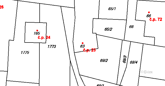 Malešov 23, Hoštka na parcele st. 63 v KÚ Malešov u Hoštky, Katastrální mapa