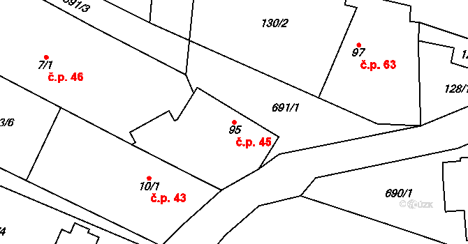 Milovice u Hořic 45 na parcele st. 95 v KÚ Milovice u Hořic, Katastrální mapa