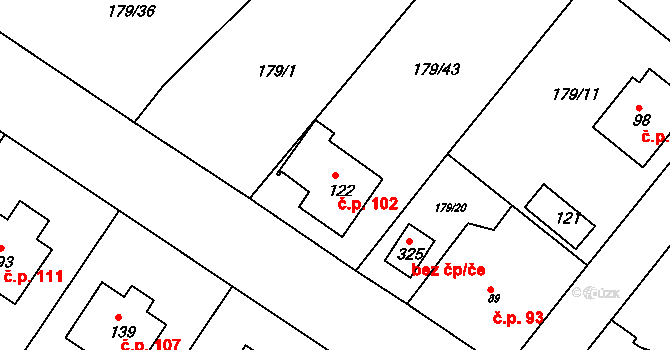 Zlonín 102 na parcele st. 122 v KÚ Zlonín, Katastrální mapa