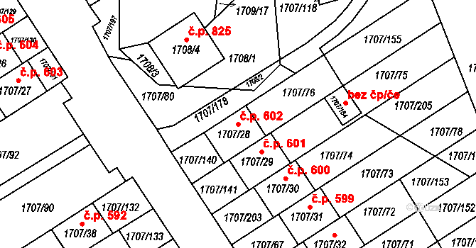 Miřetice u Klášterce nad Ohří 602, Klášterec nad Ohří na parcele st. 1707/28 v KÚ Miřetice u Klášterce nad Ohří, Katastrální mapa