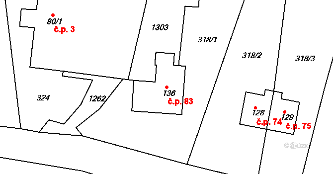Sklené 83 na parcele st. 136 v KÚ Sklené u Svitav, Katastrální mapa