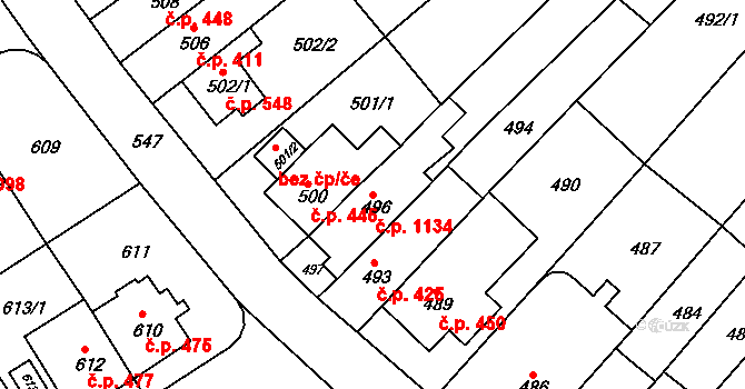 Komín 1134, Brno na parcele st. 496 v KÚ Komín, Katastrální mapa