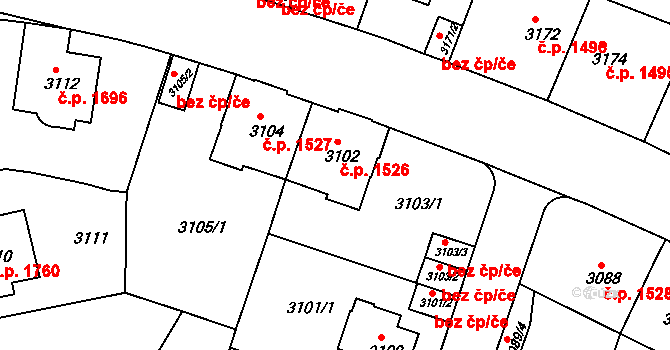 Teplice 1526 na parcele st. 3102 v KÚ Teplice, Katastrální mapa