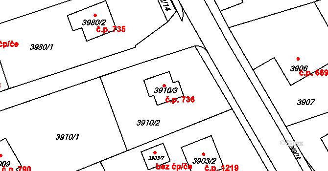Frýdlant 736, Frýdlant nad Ostravicí na parcele st. 3910/3 v KÚ Frýdlant nad Ostravicí, Katastrální mapa