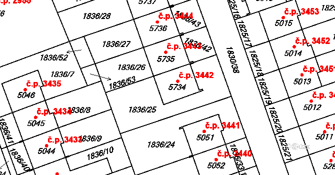 Hodonín 3442 na parcele st. 5734 v KÚ Hodonín, Katastrální mapa
