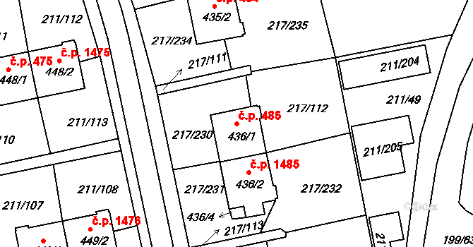 Sezimovo Ústí 485 na parcele st. 436/1 v KÚ Sezimovo Ústí, Katastrální mapa