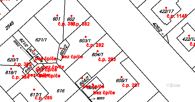 Doubravka 283, Plzeň na parcele st. 604/1 v KÚ Doubravka, Katastrální mapa