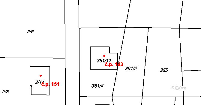 Okrouhlá 163 na parcele st. 361/11 v KÚ Okrouhlá u Nového Boru, Katastrální mapa