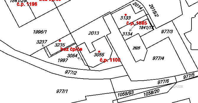 Slezské Předměstí 1100, Hradec Králové na parcele st. 3055 v KÚ Slezské Předměstí, Katastrální mapa