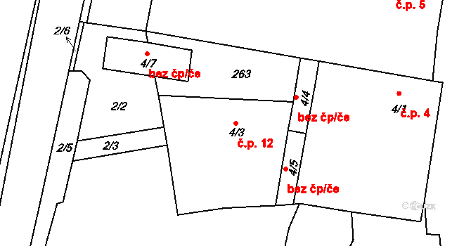 Chbany 12 na parcele st. 4/3 v KÚ Chbany, Katastrální mapa
