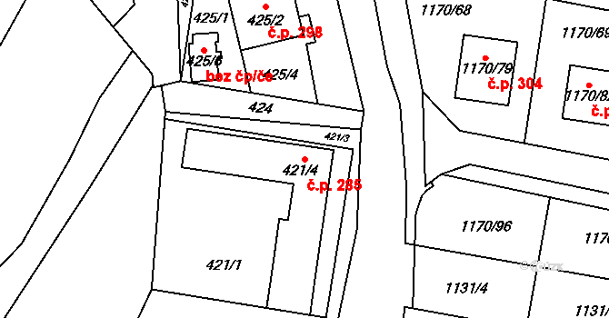 Heršpice 285 na parcele st. 421/4 v KÚ Heršpice, Katastrální mapa