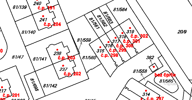 Nupaky 298 na parcele st. 315 v KÚ Nupaky, Katastrální mapa