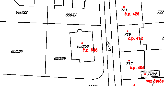 Dubeč 645, Praha na parcele st. 650/58 v KÚ Dubeč, Katastrální mapa