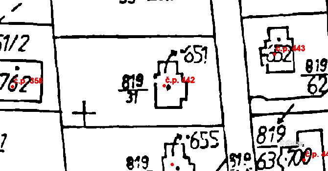 Osek 442 na parcele st. 651 v KÚ Osek u Rokycan, Katastrální mapa