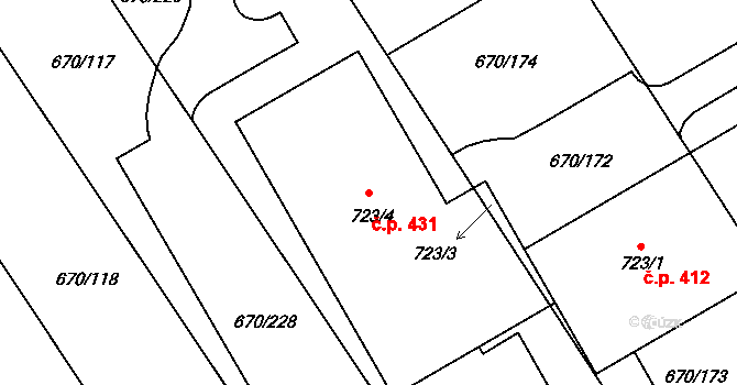 Louky 431, Zlín na parcele st. 723/4 v KÚ Louky nad Dřevnicí, Katastrální mapa