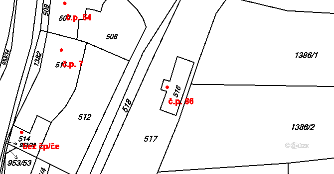 Hvozdná 86 na parcele st. 516 v KÚ Hvozdná, Katastrální mapa
