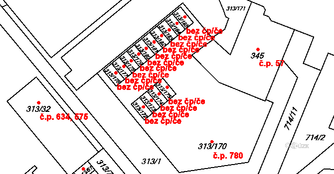 Vyškov 42408318 na parcele st. 313/175 v KÚ Vyškov, Katastrální mapa