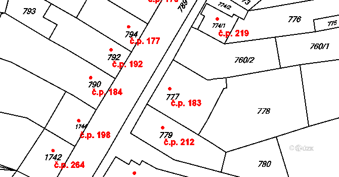Pustiměřské Prusy 183, Pustiměř na parcele st. 777 v KÚ Pustiměř, Katastrální mapa