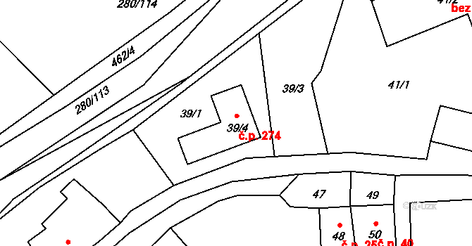 Rebešovice 274 na parcele st. 39/4 v KÚ Rebešovice, Katastrální mapa