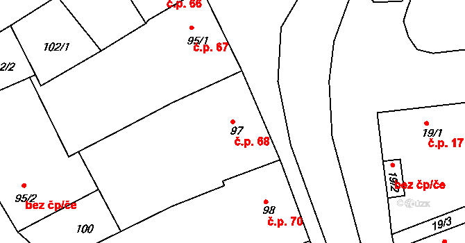 Mirotice 68 na parcele st. 97 v KÚ Mirotice, Katastrální mapa