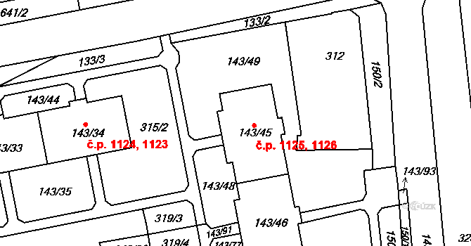 Nýřany 1125,1126 na parcele st. 143/45 v KÚ Nýřany, Katastrální mapa