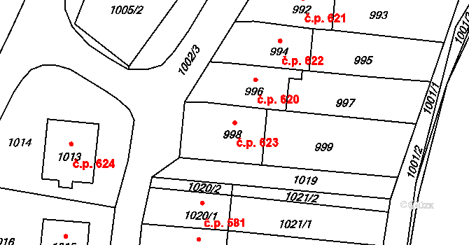 Rapotín 623 na parcele st. 998 v KÚ Rapotín, Katastrální mapa
