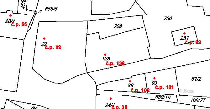 Dřetovice 138 na parcele st. 128 v KÚ Dřetovice, Katastrální mapa