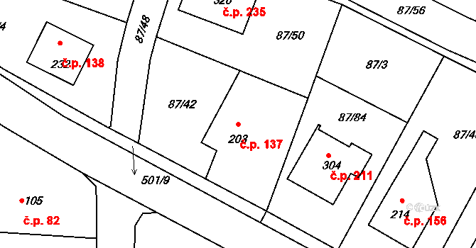 Chotoviny 137 na parcele st. 203 v KÚ Chotoviny, Katastrální mapa