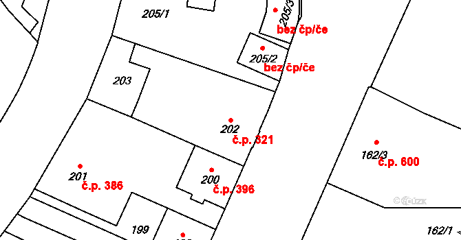 Hronov 321 na parcele st. 202 v KÚ Hronov, Katastrální mapa