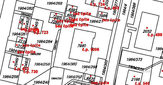 Borovina 1098, Třebíč na parcele st. 7990 v KÚ Třebíč, Katastrální mapa