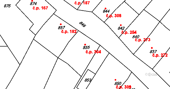 Prusinovice 304 na parcele st. 855 v KÚ Prusinovice, Katastrální mapa