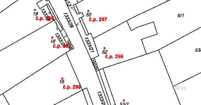 Chlupice 256, Hostěradice na parcele st. 52 v KÚ Chlupice, Katastrální mapa