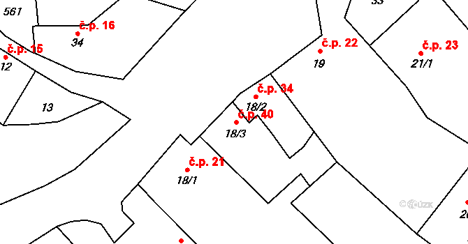 Rudlice 34 na parcele st. 18/2 v KÚ Rudlice, Katastrální mapa