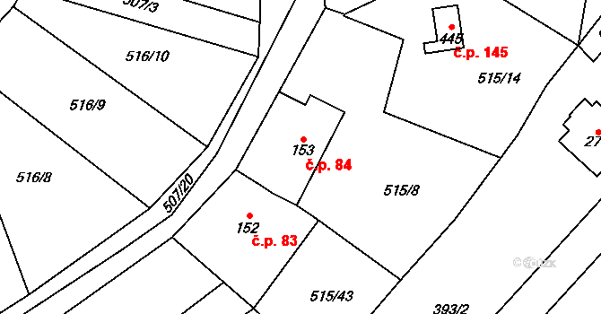 Hrusice 84 na parcele st. 153 v KÚ Hrusice, Katastrální mapa