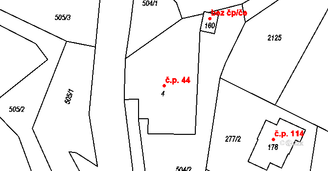 Pěnčín 44 na parcele st. 4 v KÚ Pěnčín, Katastrální mapa