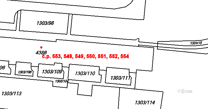 Nové Dvory 548,549,550,551,552,, Třebíč na parcele st. 4386 v KÚ Třebíč, Katastrální mapa