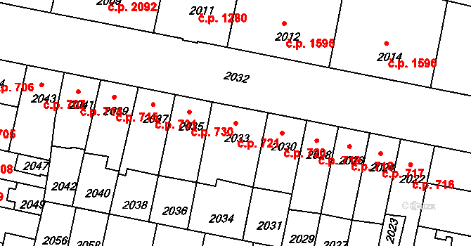 Tábor 721 na parcele st. 2033 v KÚ Tábor, Katastrální mapa
